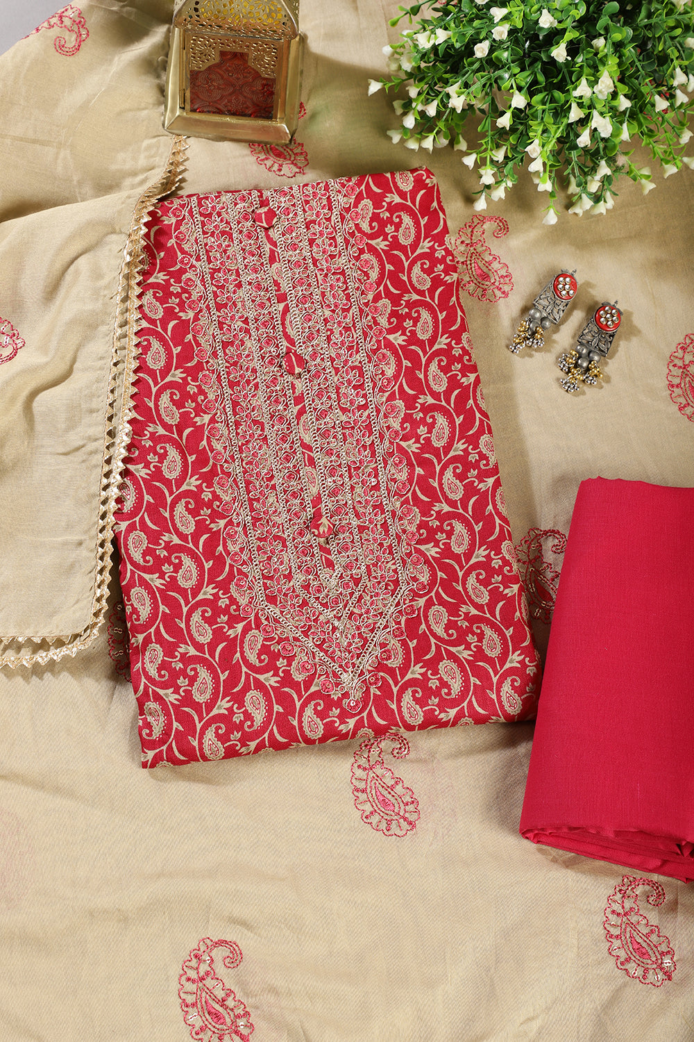 Cardinal Red Cotton Digital Buta-Printed & Neck Embroidered Unstitched Suit
