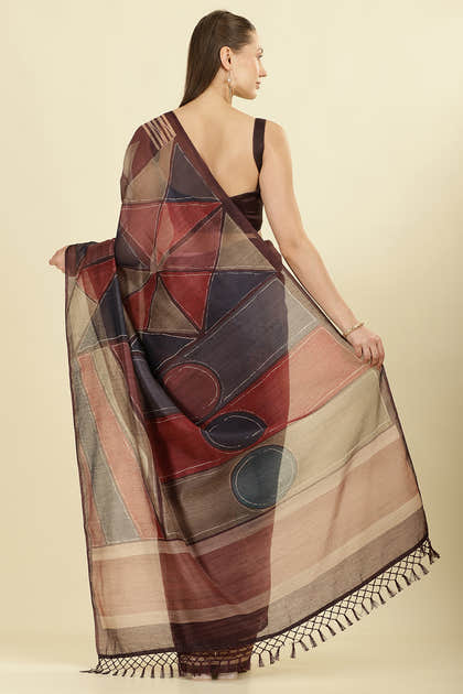 Wine Organza Cotton Printed Saree