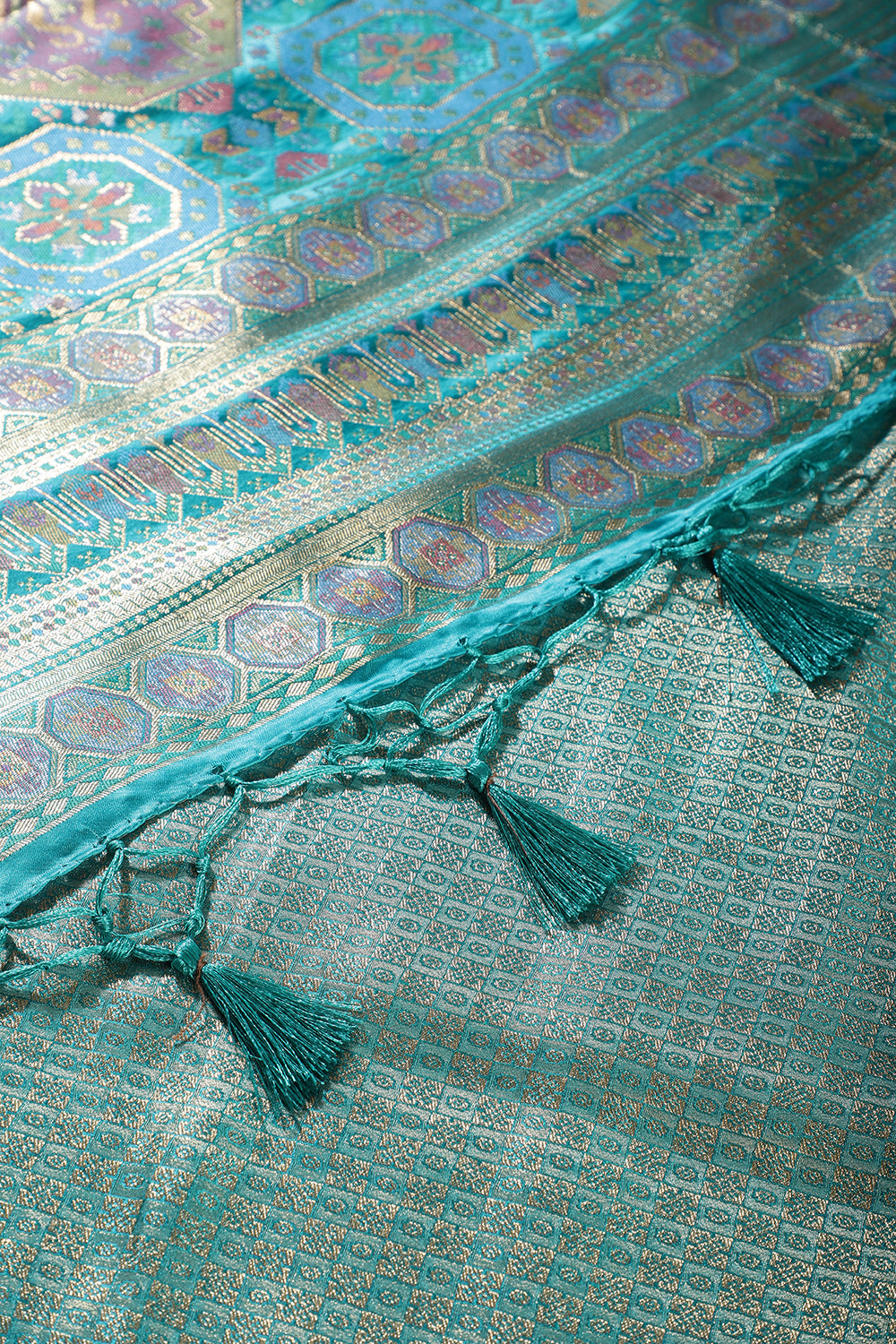 Teal Blue Baluchari Silk Meenakari Woven Saree