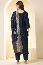 Wine Color Silk Suit Set With Neck Embroidered