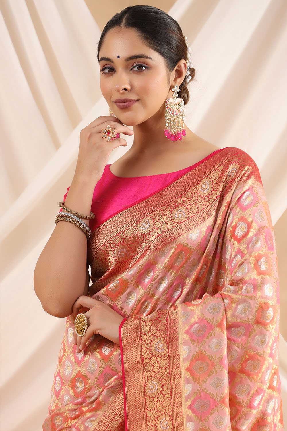 Pink Color Woven Georgette Saree