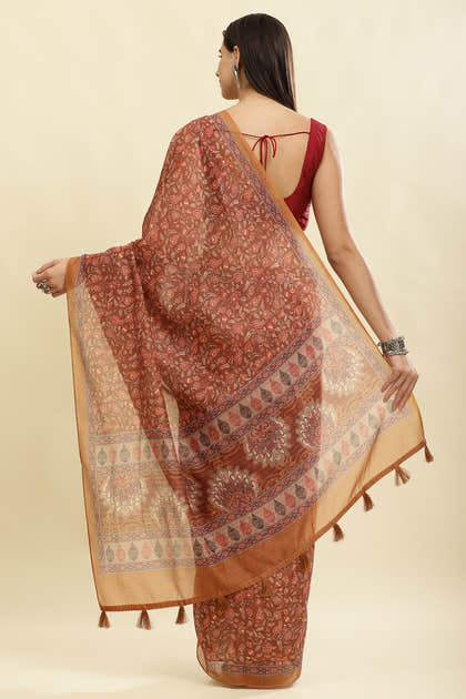 Brown Floral Printed Cotton Silk Saree