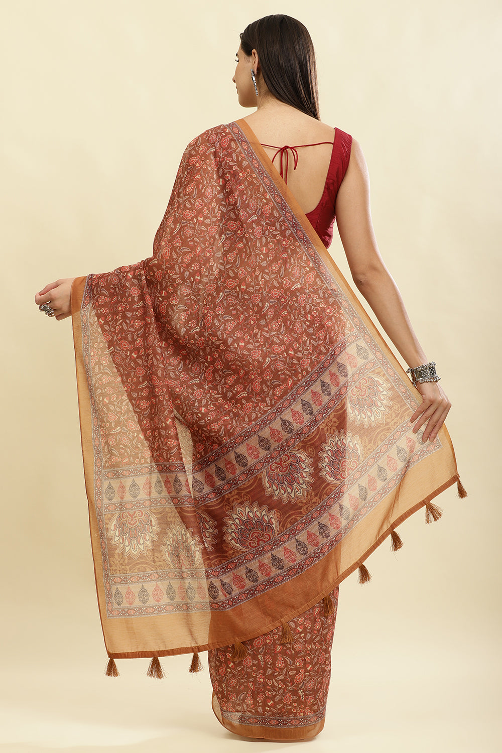 Brown Floral Printed Cotton Silk Saree