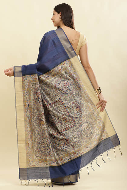 Navy Color Cotton Silk Madhubani Print Saree