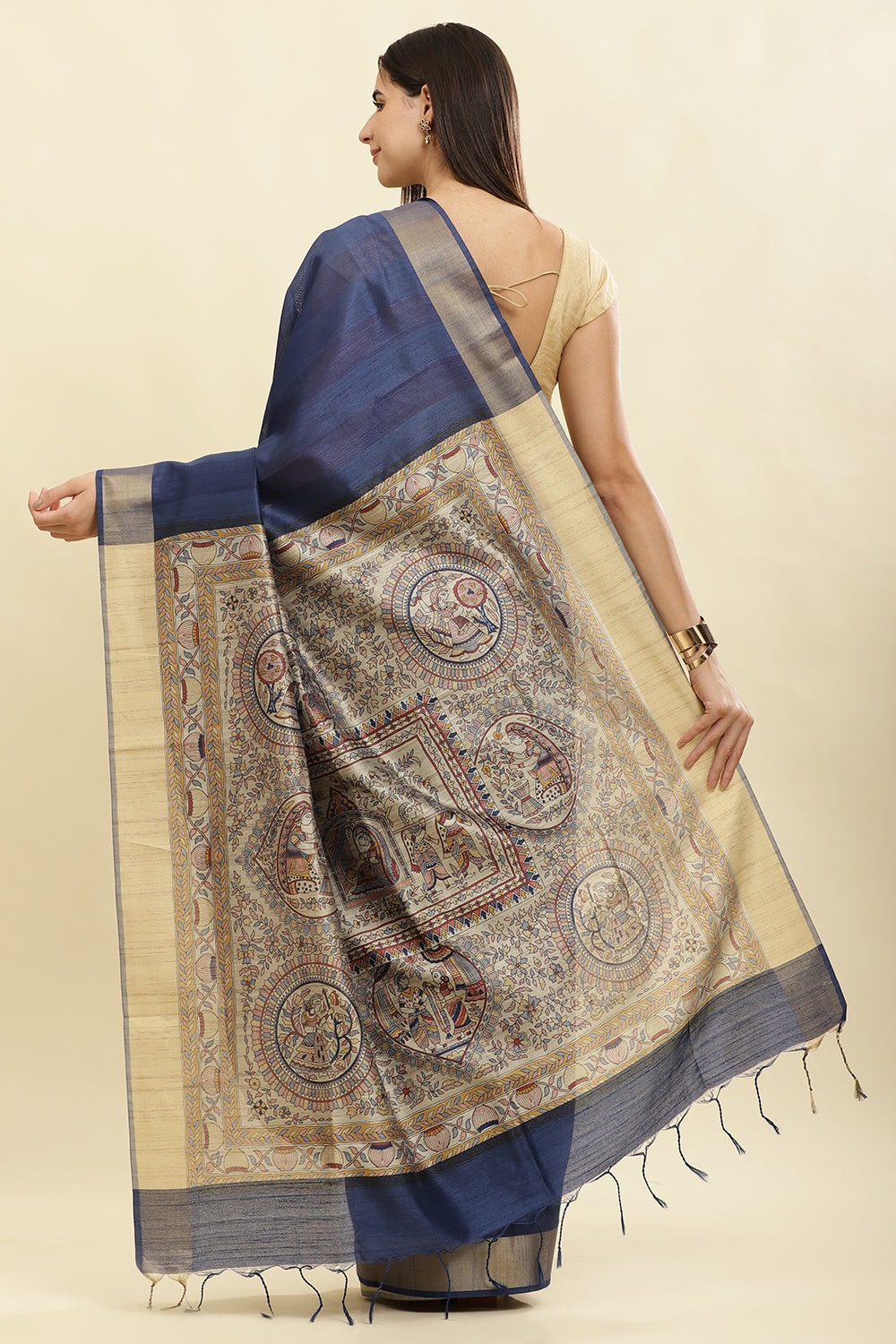 Navy Color Cotton Silk Madhubani Print Saree