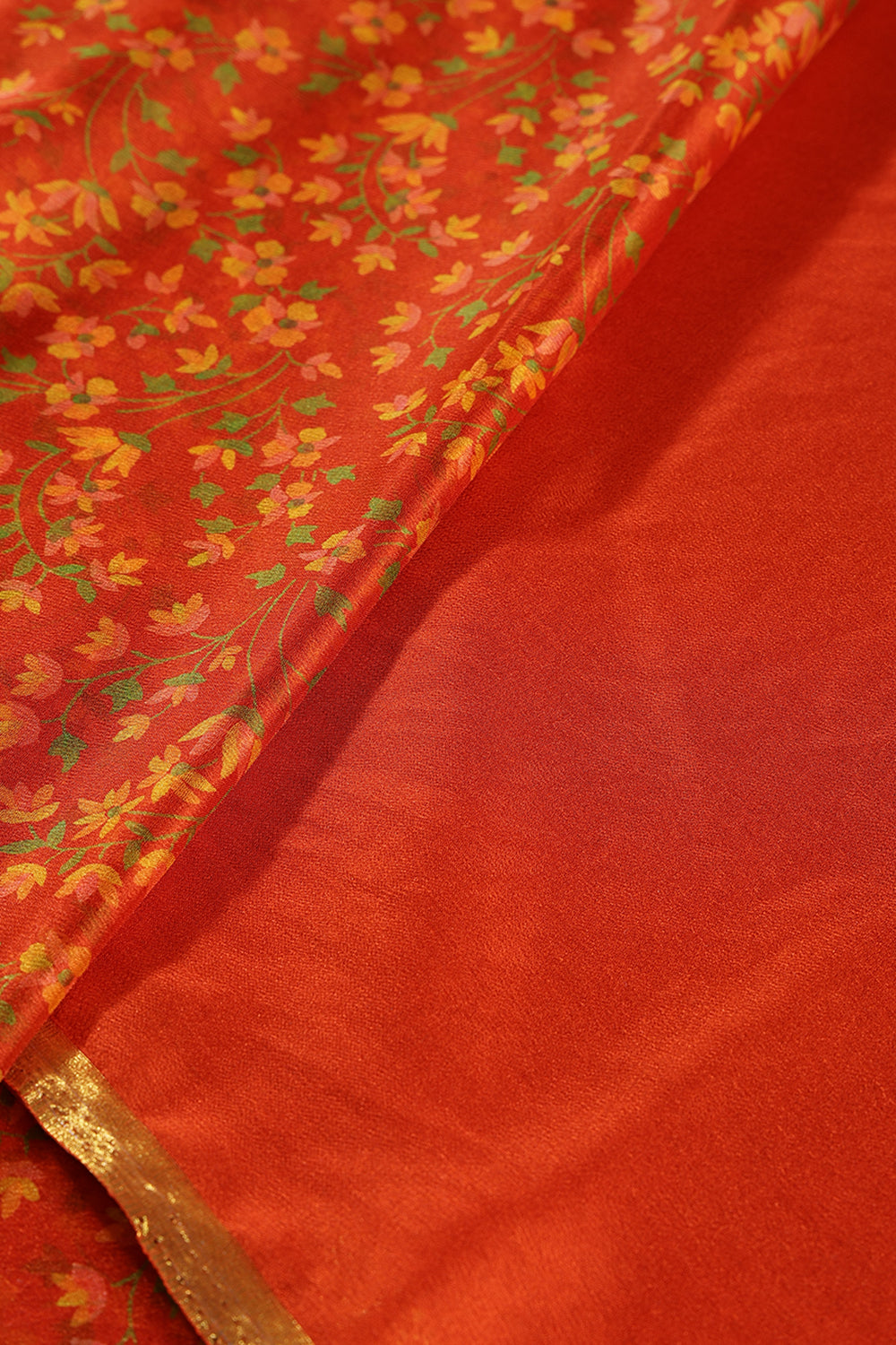 Orange Floral Printed And Zari Border Chiffon Saree
