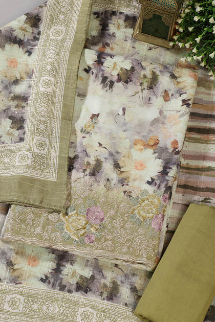 Olive Green Cotton Floral Printed And Hemline Embroidered Unstitched Suit