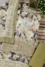Olive Green Cotton Floral Printed And Hemline Embroidered Unstitched Suit