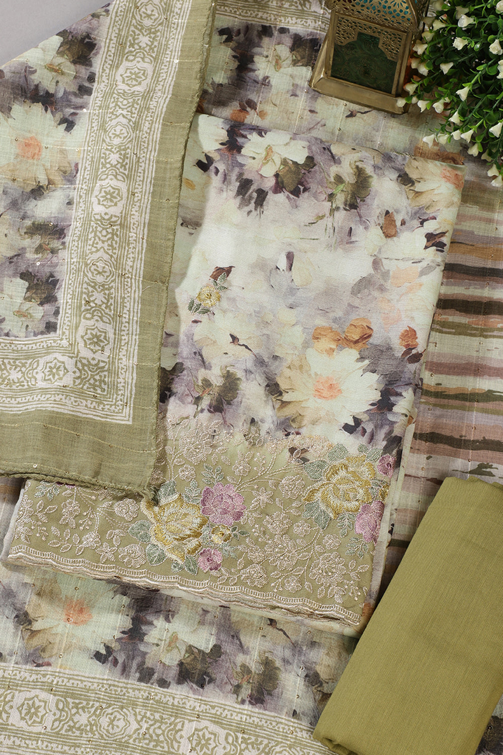 Olive Green Cotton Floral Printed And Hemline Embroidered Unstitched Suit