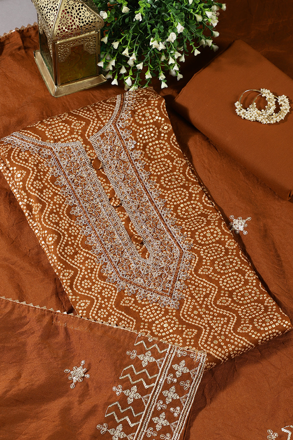 Brown Cotton Bandhani Printed & Neck Embroidered Unstitched Suit
