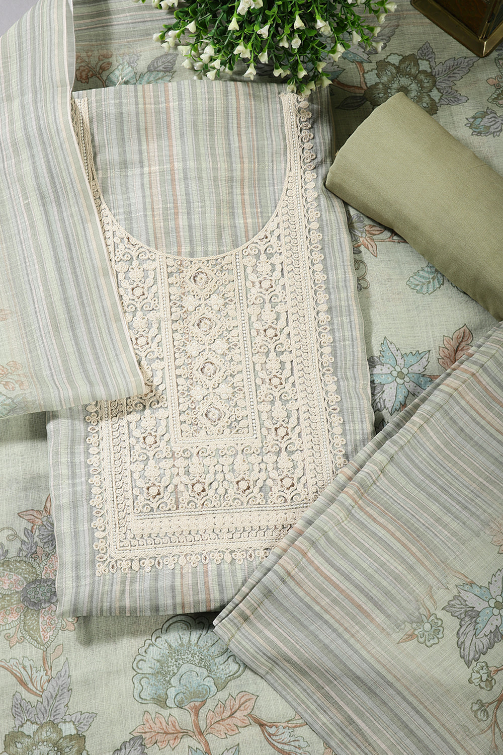Sea Green Color Linen Cotton Embroidery Unstitched Suit Material