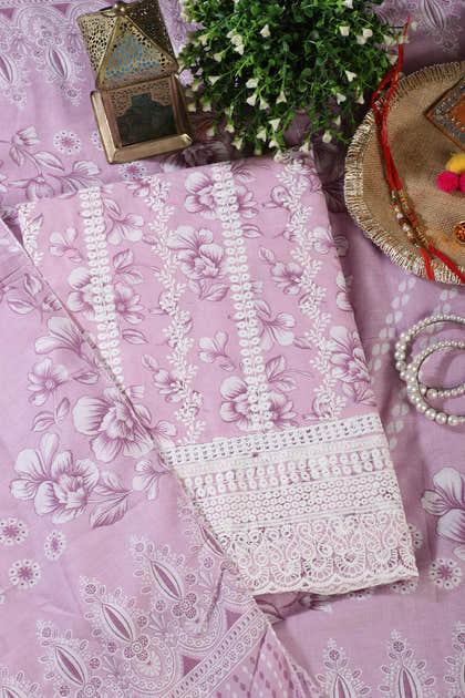 Pink Cotton Floral Printed And Resham Embroidered Unstitched Suit Material