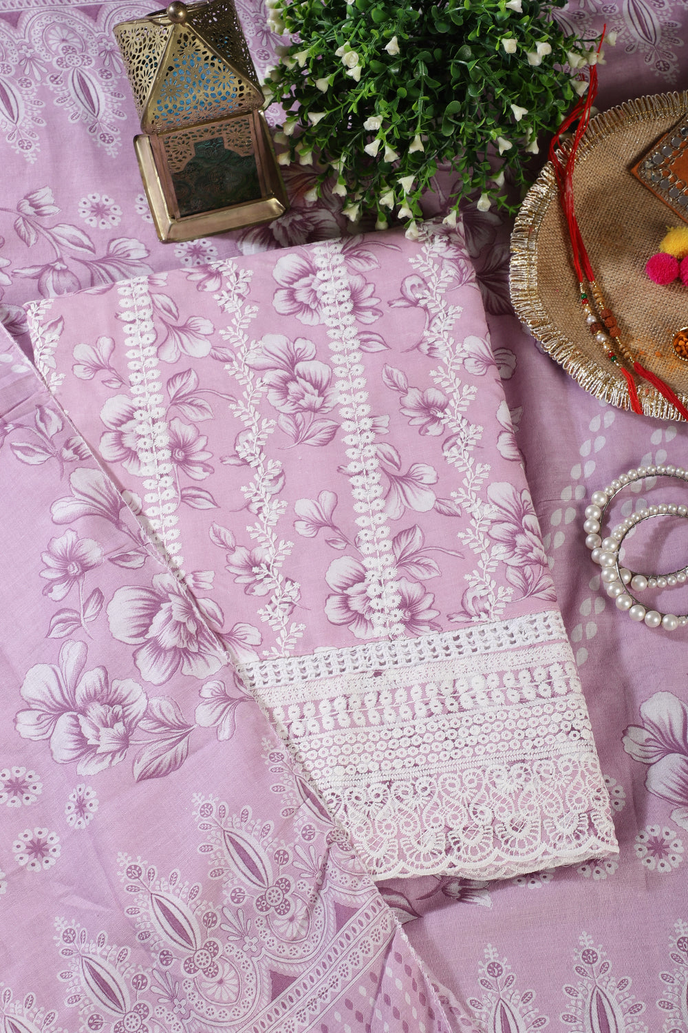 Pink Cotton Floral Printed And Resham Embroidered Unstitched Suit Material