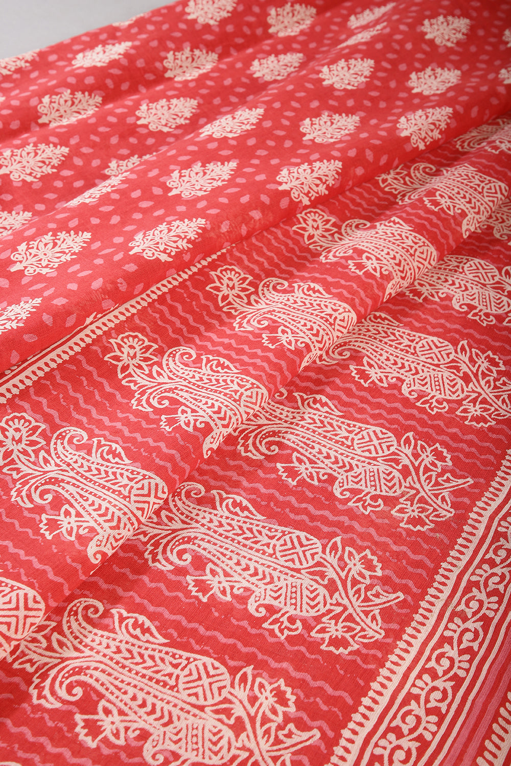 Red Color Cotton Hand-Block Style Printed Saree