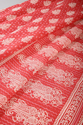 Red Color Cotton Hand-Block Style Printed Saree