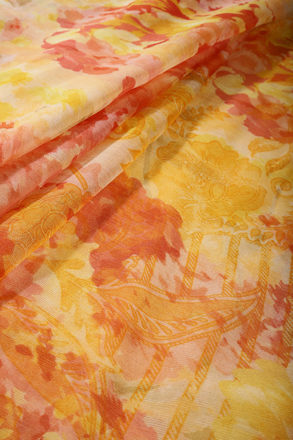 Pale Yellow Color Floral Printed Chiffon Saree