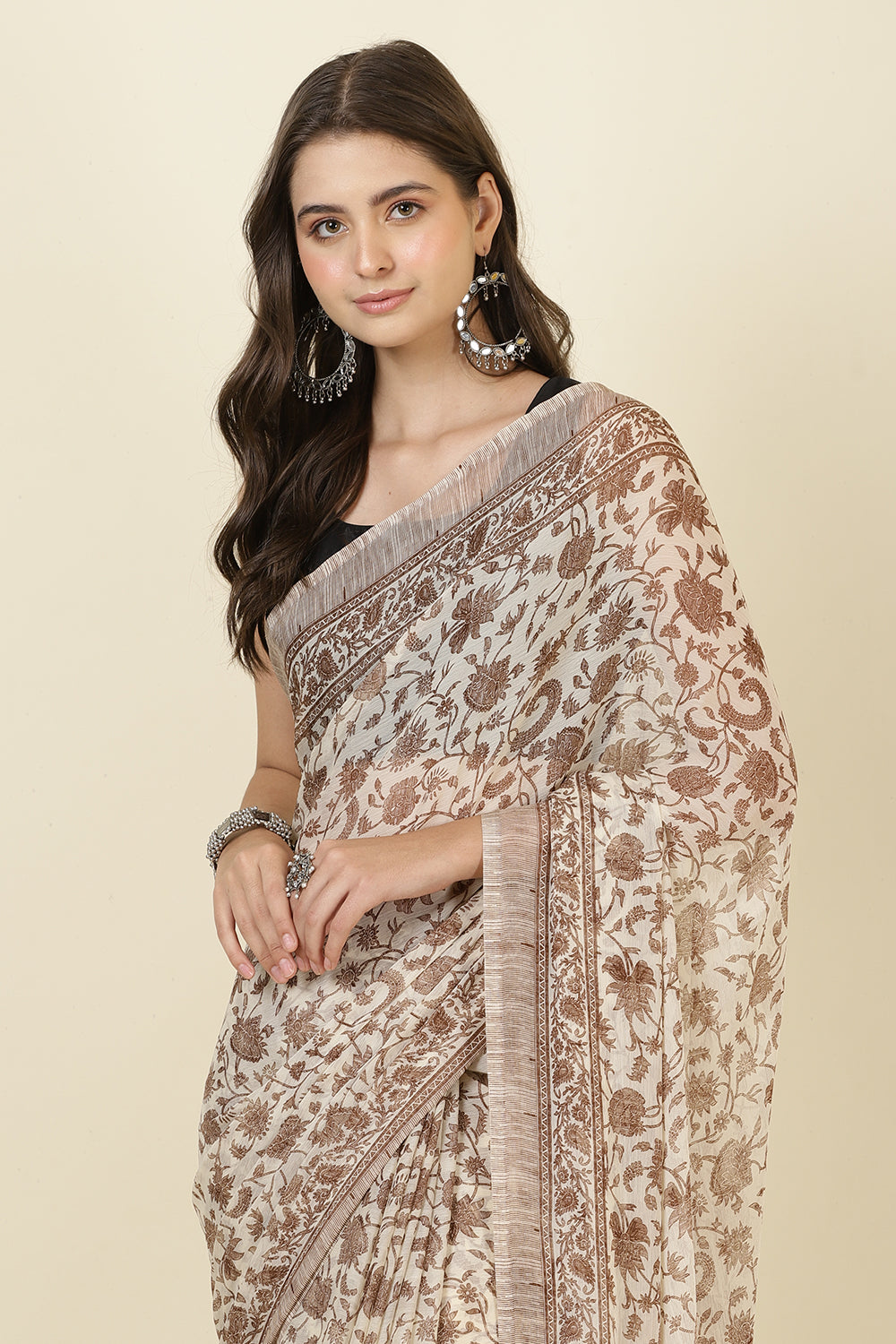 White & Brown Georgette Floral Printed Saree