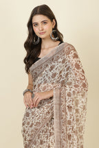 White & Brown Georgette Floral Printed Saree