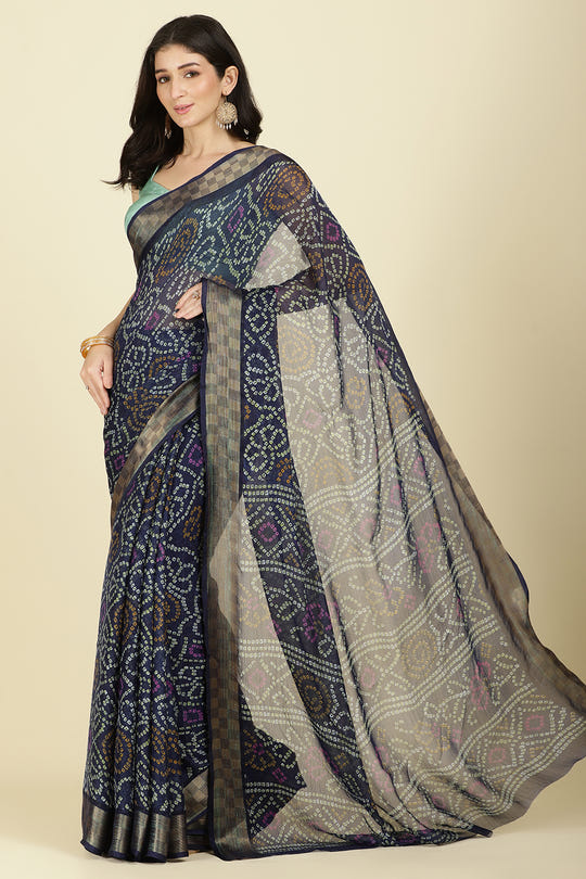 Navy Color Chiffon Bandhani Printed Saree