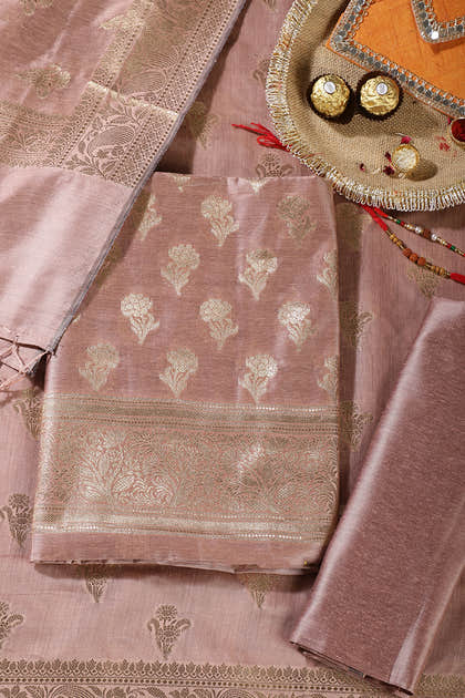 Dusty Peach Silk Zari Woven Unstitched Suit Material