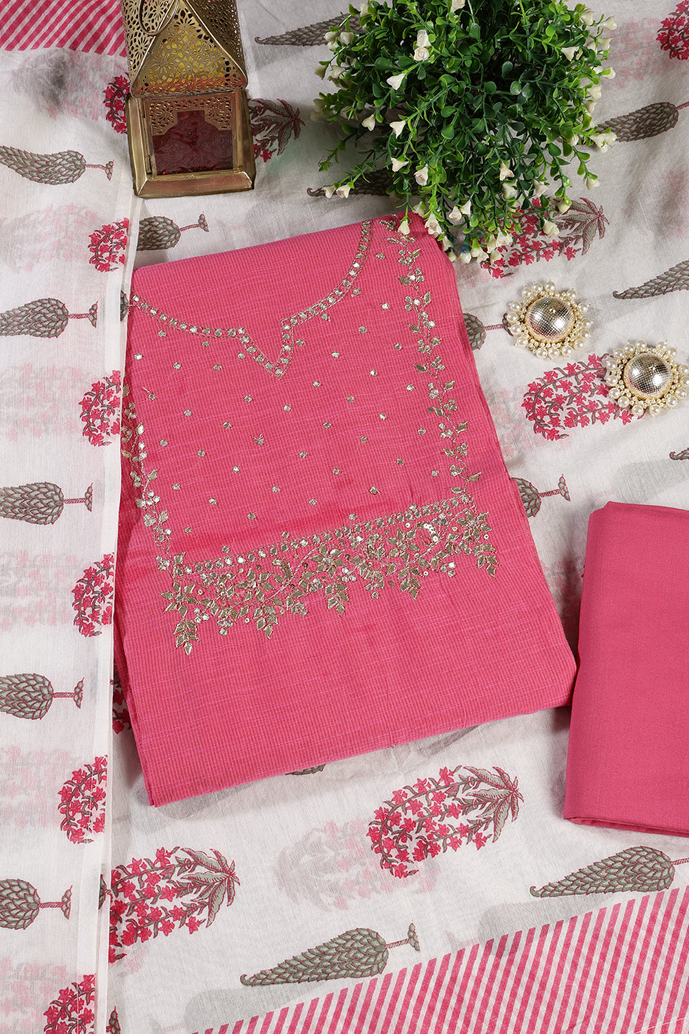 Pink Cotton Gota Patti and Zari Work Unstitched Suit Material