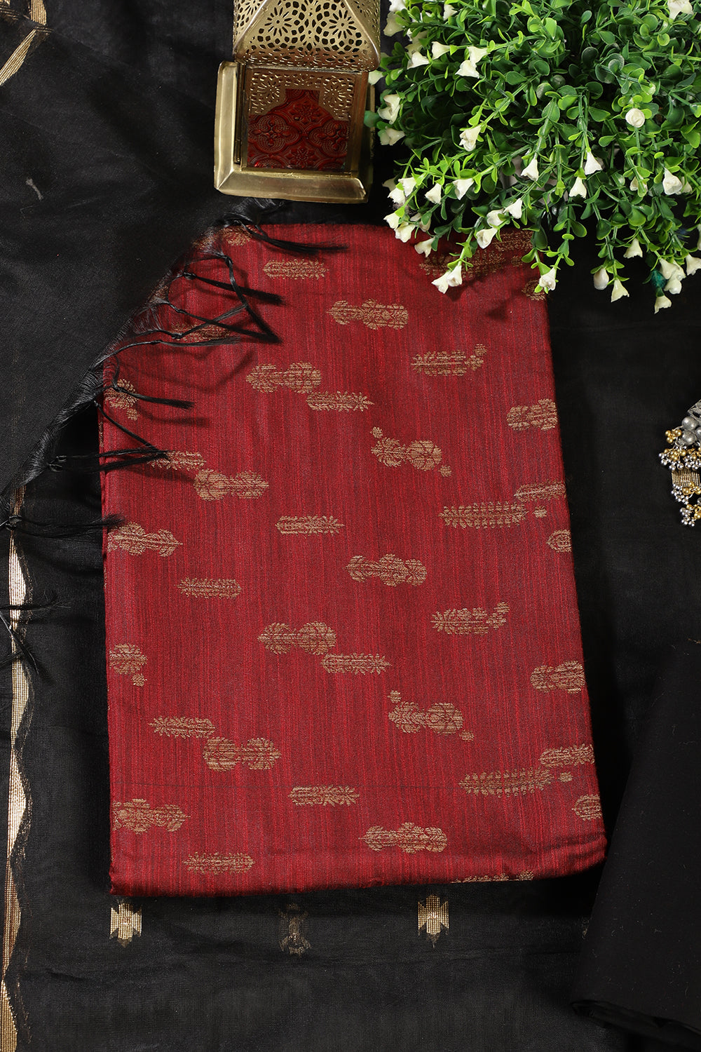 Maroon Chanderi Silk Woven Unstitched Suit