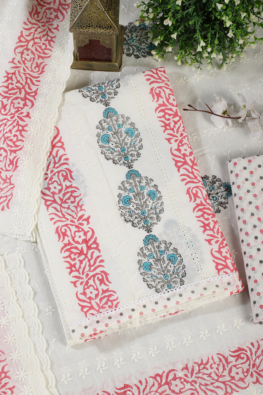 Cream & Magenta Printed And Resham Embroidered Unstitched Suit Fabric