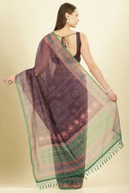 Dirty Purple Organza Cotton Bandhani Block Printed Saree