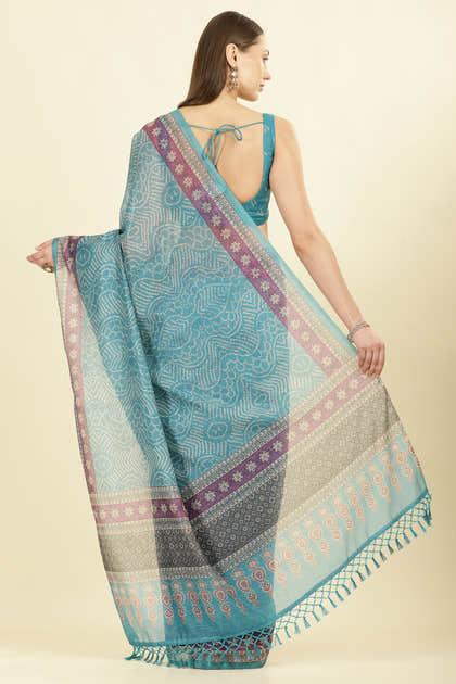 Teal Bandhani Printed Cotton Saree