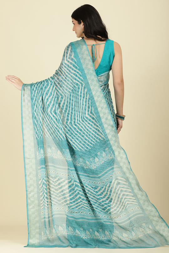 Firozi Color Chiffon Leheriya Printed Saree