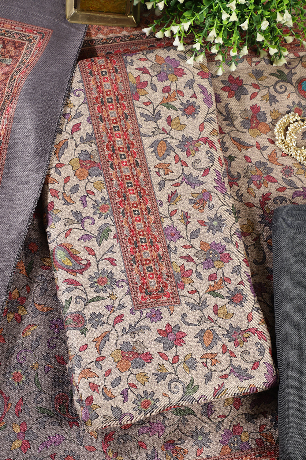 Grey Color Pashmina Floral Printed Unstitched Suit Fabric