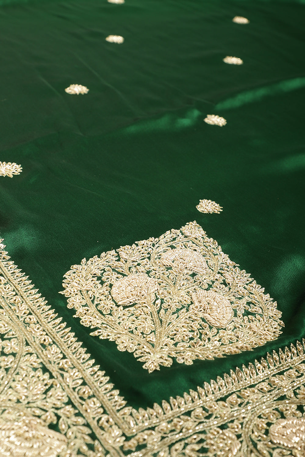 Bottle Green Color Pure Satin Crepe Saree with Zardozi Handwork & Paisley Buta