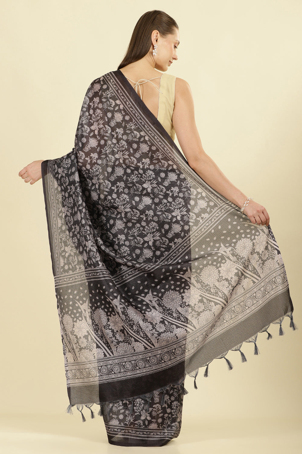 Black Kota Cotton Floral Jaal Printed Saree