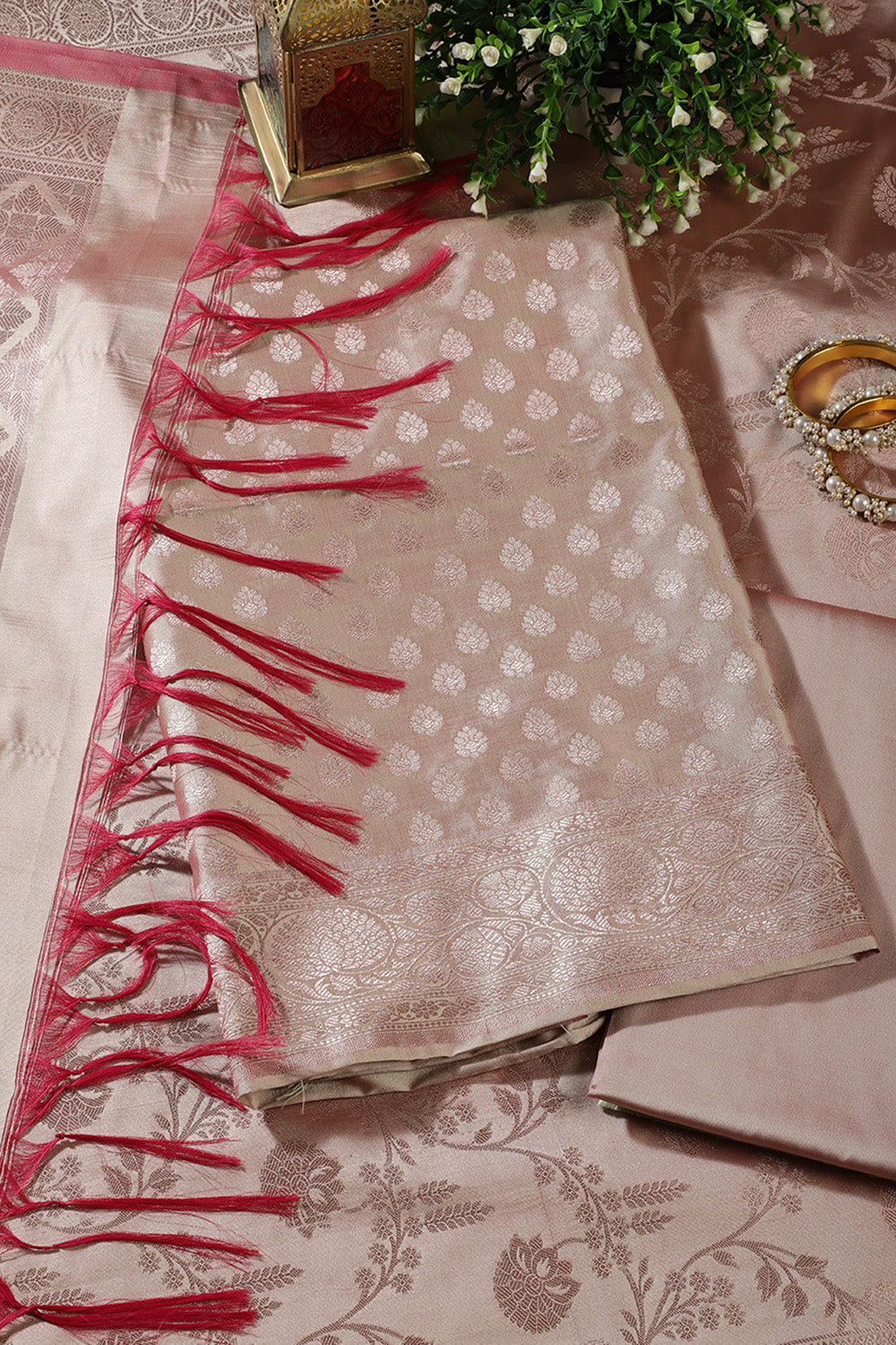 Beige Silk Buta Motifs Woven Unstitched Suit Fabric