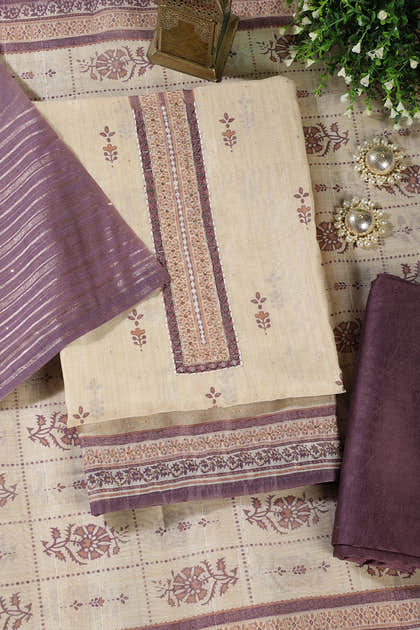 Beige & Mauve Chanderi Cotton Floral Printed And Neck Embroidered Unstitched Suit Material Unstitched Suit Fabric