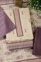 Beige & Mauve Chanderi Cotton Floral Printed And Neck Embroidered Unstitched Suit Material Unstitched Suit Fabric