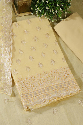 Pale Yellow Chanderi Silk Embroidered Unstitched Suit Material