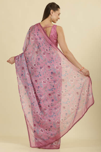Muted Pink Organza Floral Printed And Lace Work Saree
