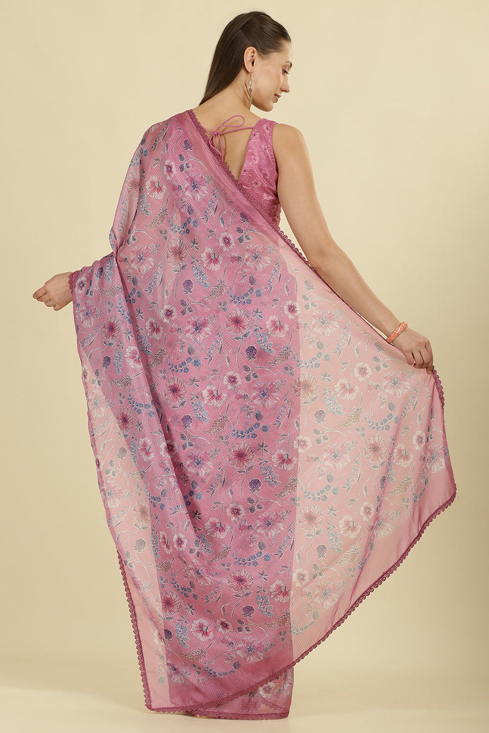 Muted Pink Organza Floral Printed And Lace Work Saree
