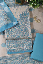 Beige & Blue Floral Printed Unstitched Suit Fabric