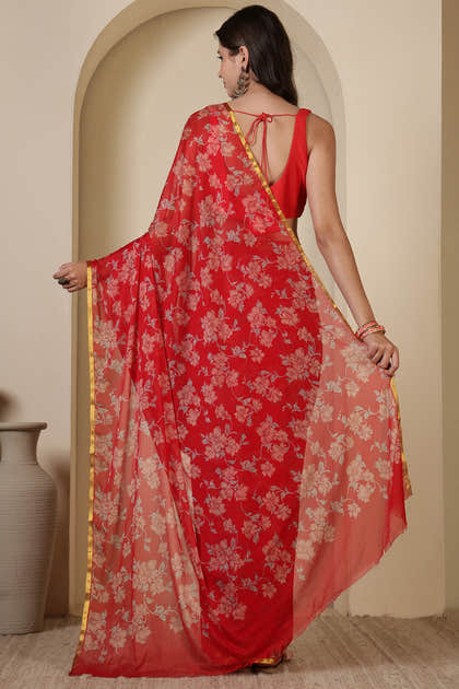 Red Chiffon Zari Border & Floral Printed Saree