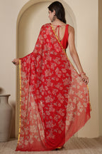 Red Chiffon Zari Border & Floral Printed Saree