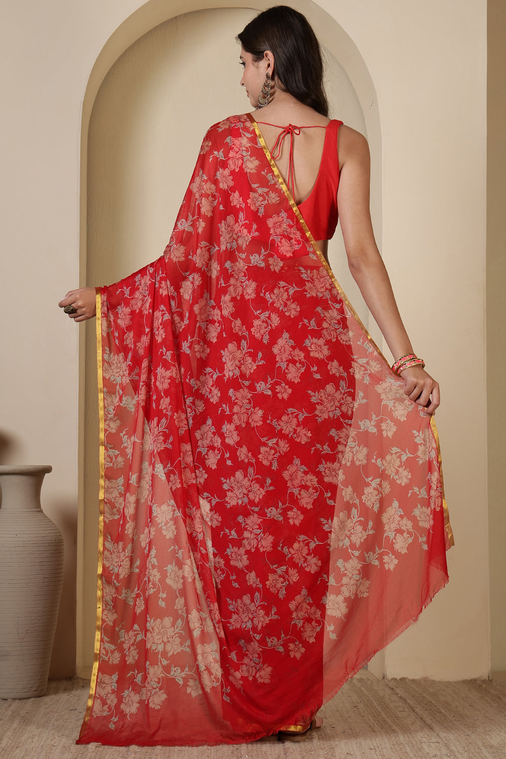 Red Chiffon Zari Border & Floral Printed Saree