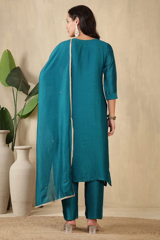 Teal Crepe Silk Neck Embroidered Suit