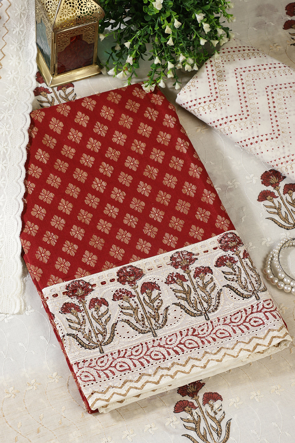 Maroon Cotton Woven And Lace Work Unstitched Suit Material