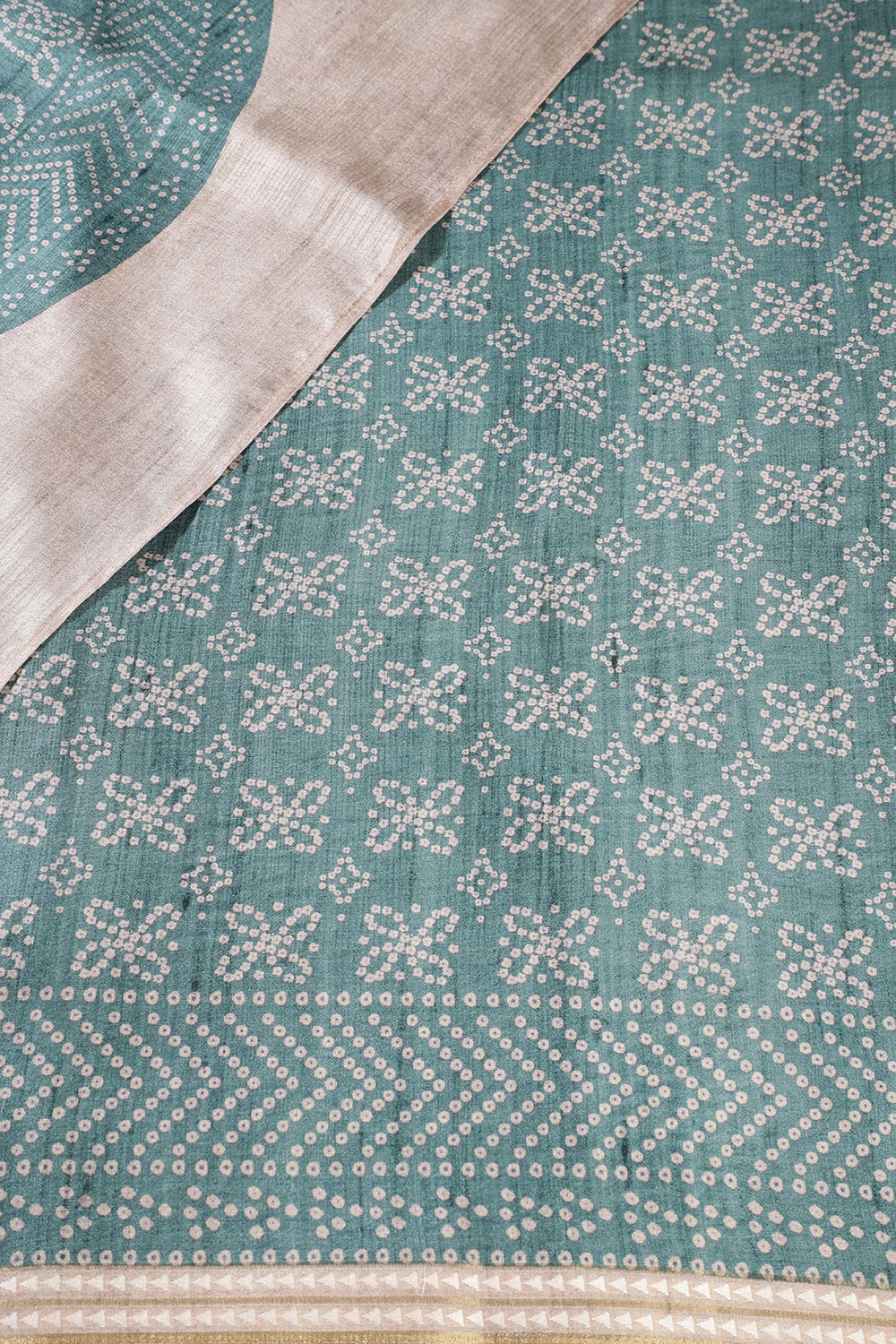 Beige And Teal Tussar Silk Printed Saree