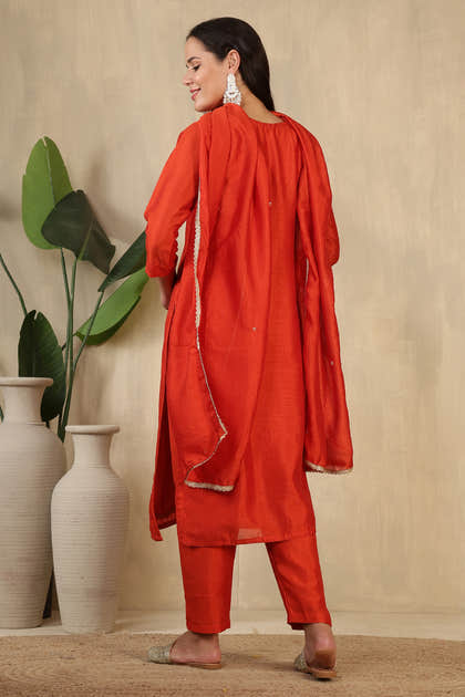 Rust Crepe Silk Neck Embroidered Suit