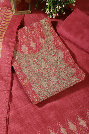 Dusty Pink Chanderi Silk Neck Embroidered Unstitched Suit Material