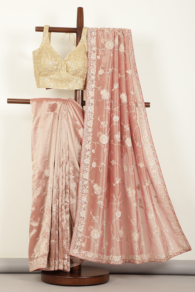 Pink Color Pure Tissue Silk Saree with Pearl and Zardozi Handwork