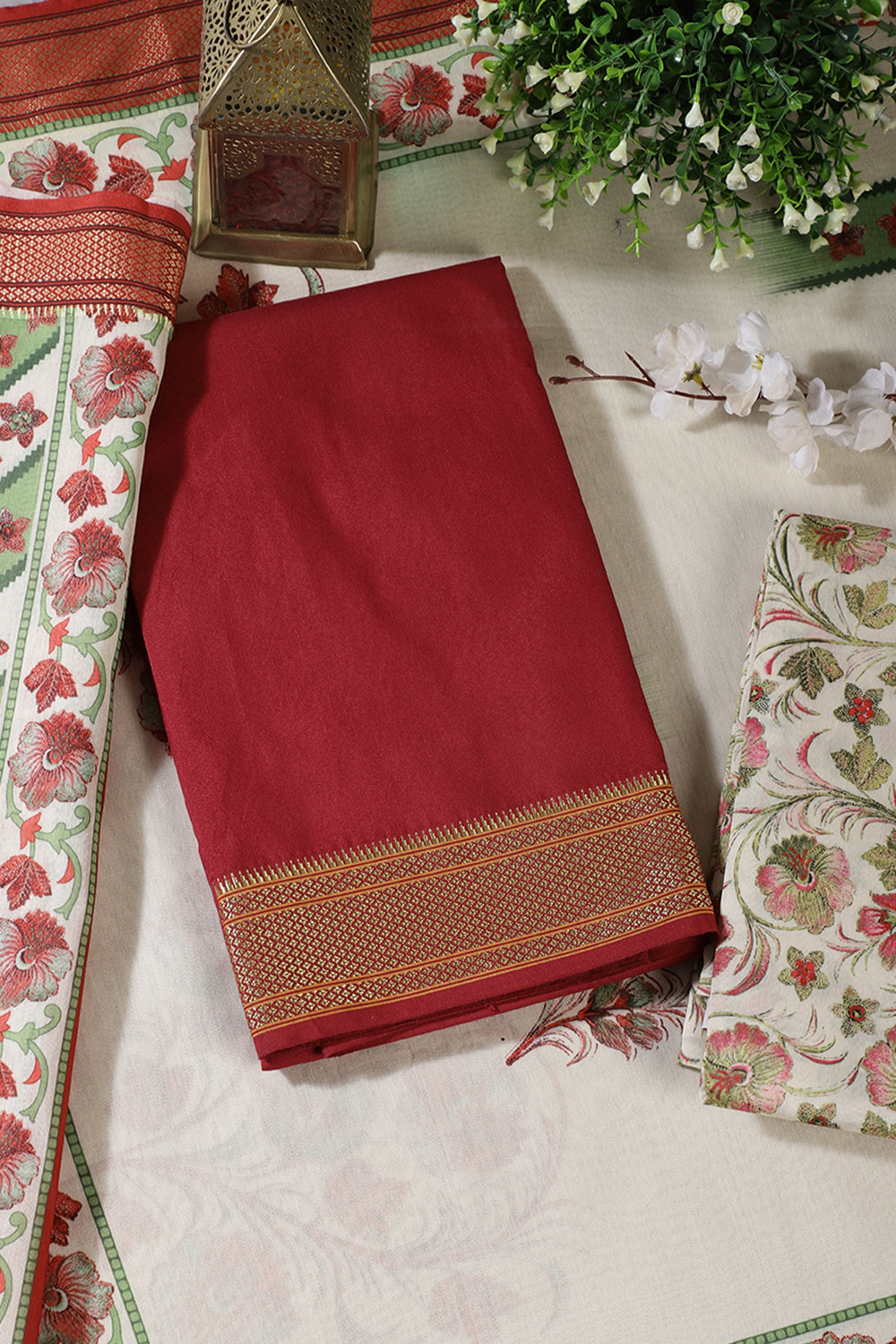 Maroon Cotton Unstitched Suit Material With Floral Printed Dupatta & Salwar
